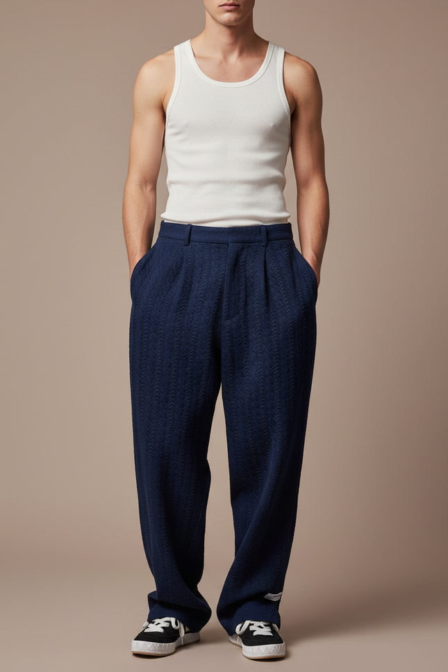 Pantalon Baggy Bleu Marine Texturé Ample Décontracté Homme - Maille