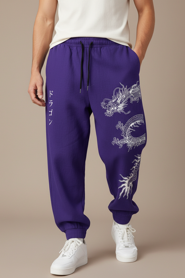 Pantalon Baggy Violet Dragon Japonais Ample Décontracté Homme - Molleton