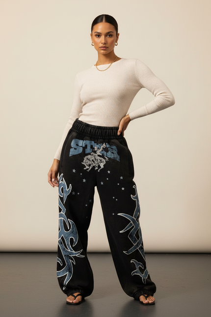 Pantalon Baggy Noir Délavé Tribal Ample Streetwear - Molleton