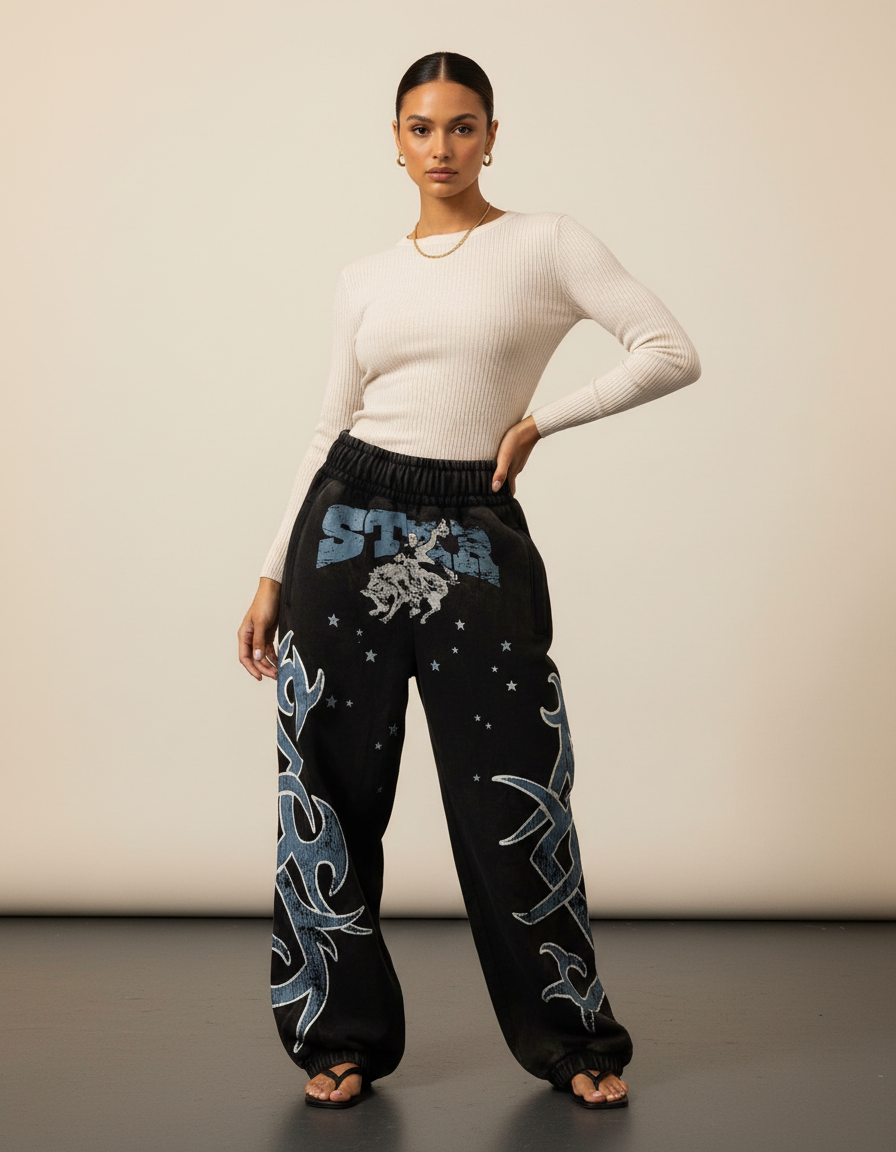 Pantalon Baggy Noir Délavé Tribal Ample Streetwear - Molleton