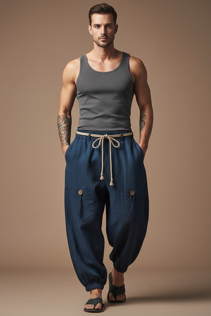 Pantalon En Lin Baggy - Marine