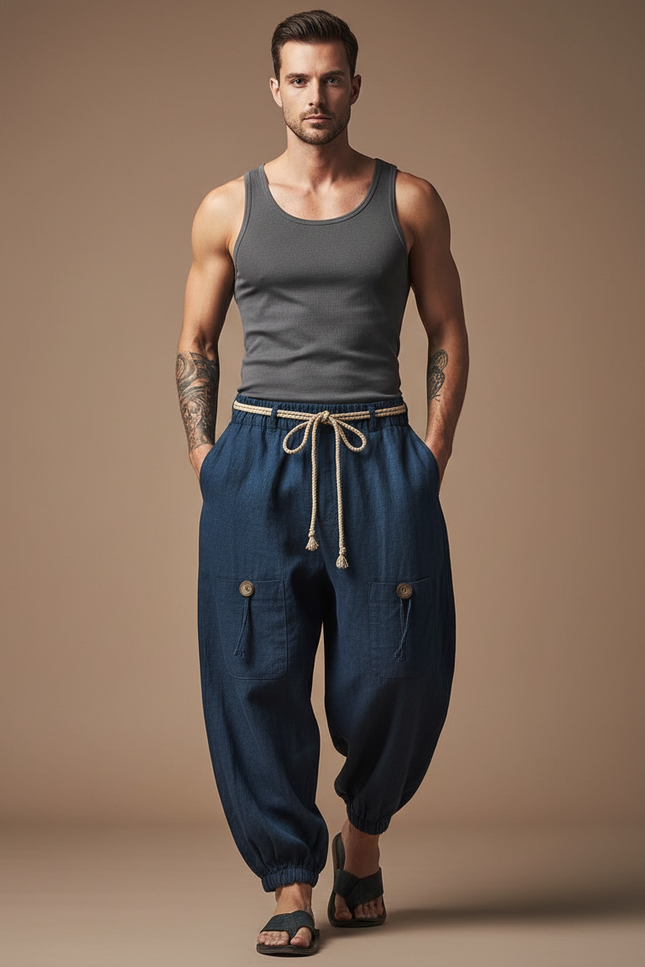 Pantalon En Lin Baggy - Marine