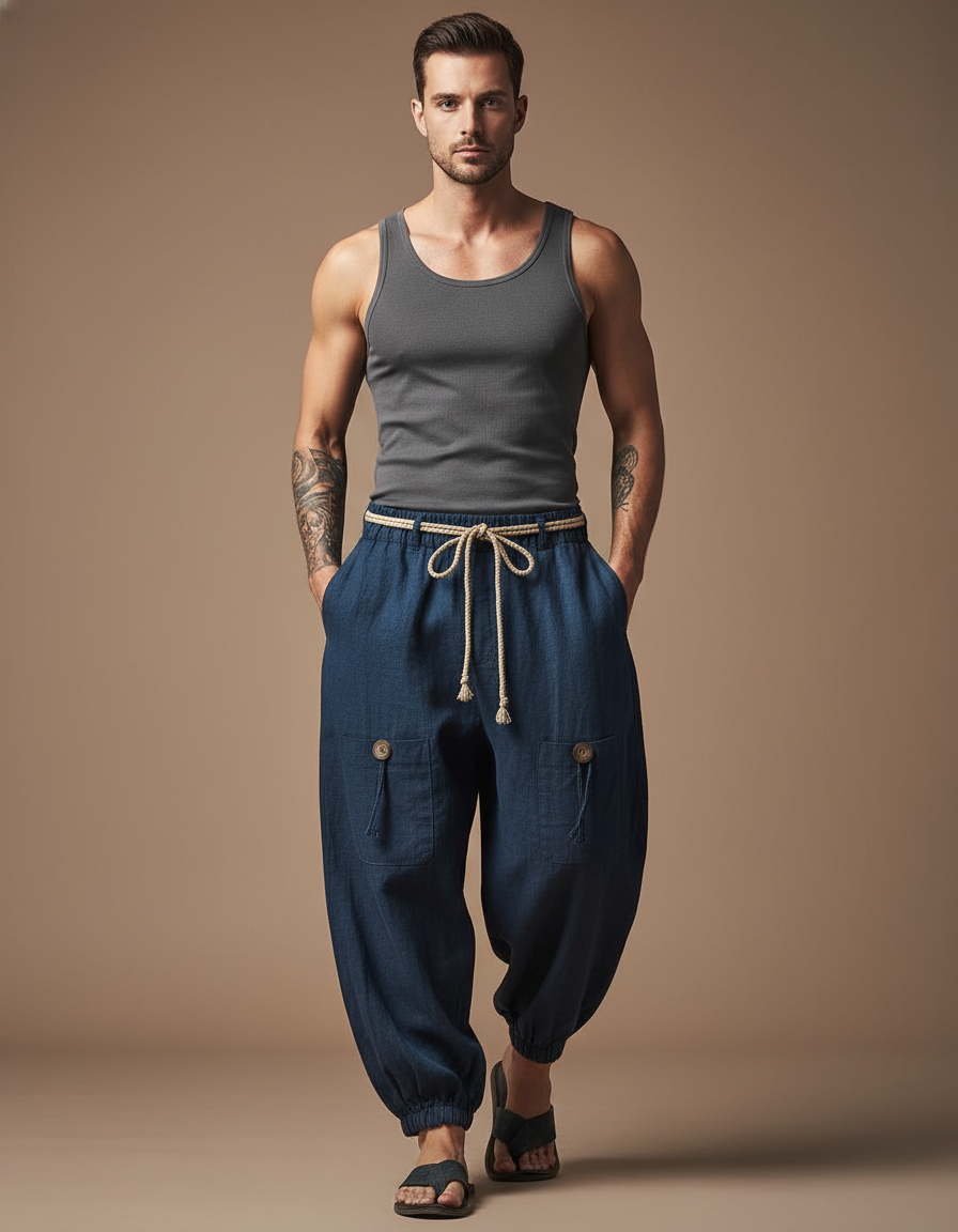 Pantalon En Lin Baggy - Marine
