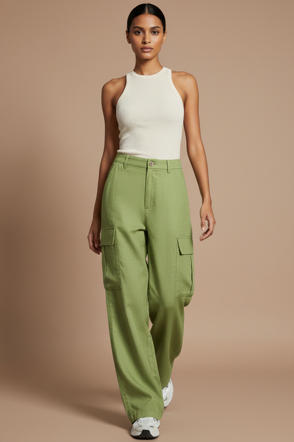 Pantalon Baggy Vert Ample Cargo Taille Haute - Lin