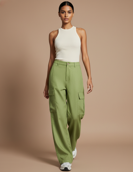 Pantalon Baggy Vert Ample Cargo Taille Haute - Lin