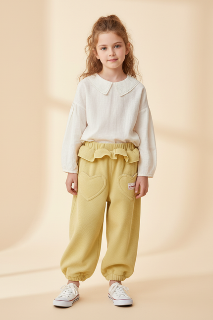 Pantalon Baggy Jaune Ample Côtelé Poches Cœur - Cordé