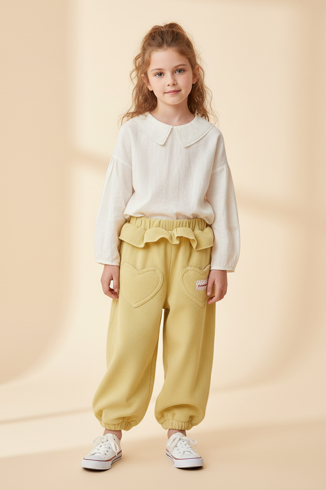 Pantalon Baggy Jaune Ample Côtelé Poches Cœur - Cordé