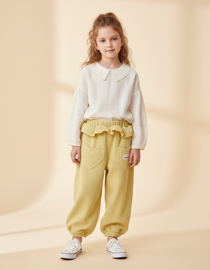 Pantalon Baggy Jaune Ample Côtelé Poches Cœur - Cordé