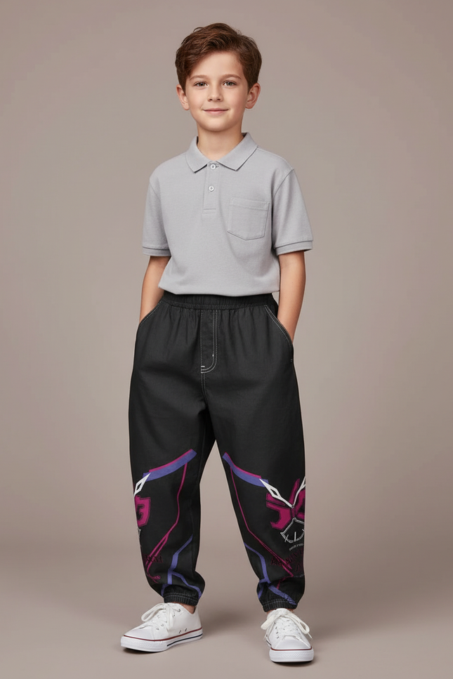 Pantalon Baggy Noir Ample Imprimé Streetwear Garçon - Jean