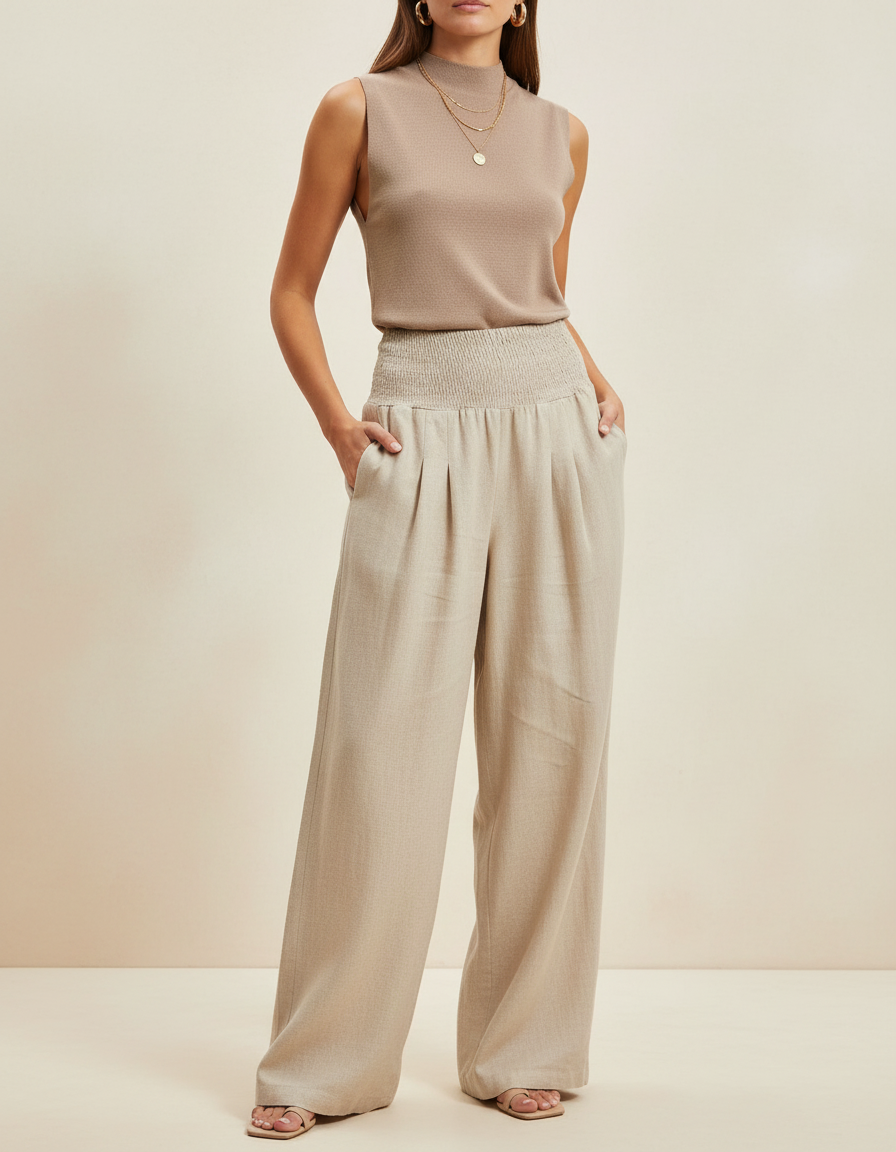 Pantalon Baggy Beige Lin Ample Plissé Smocké Femme