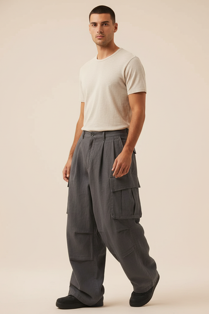 Pantalon Baggy Cargo Gris Ample Décontracté Homme - Toile