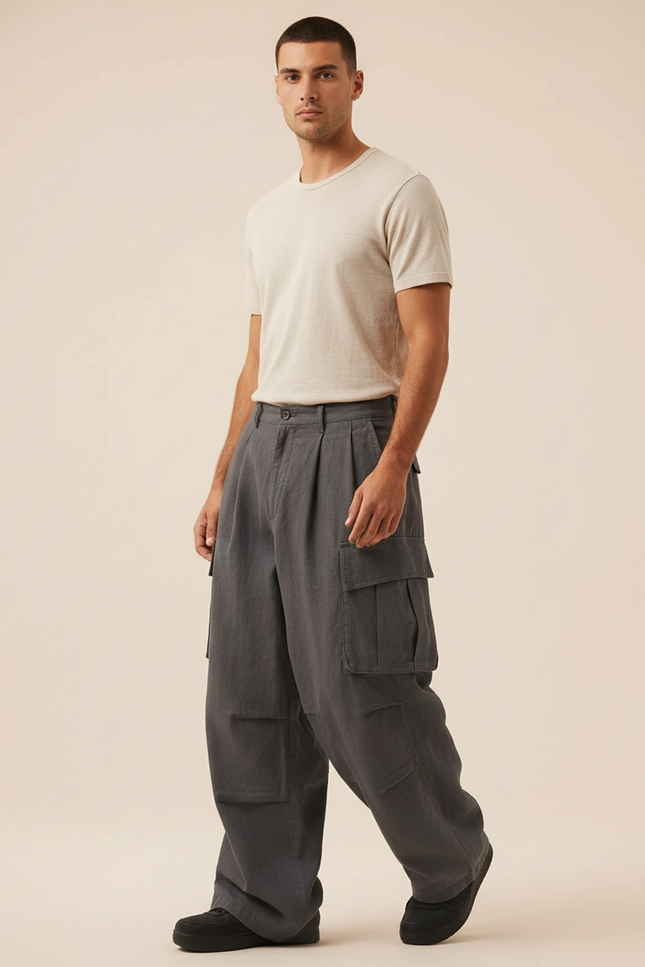 Pantalon Baggy Cargo Gris Ample Décontracté Homme - Toile