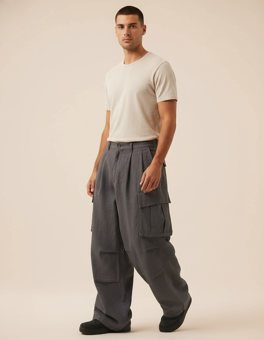 Pantalon Baggy Cargo Gris Ample Décontracté Homme - Toile