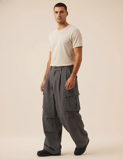 Pantalon Baggy Cargo Gris Ample Décontracté Homme - Toile