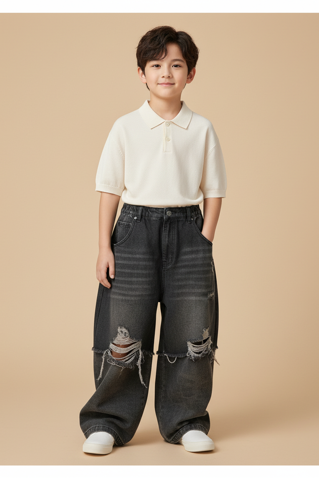 Pantalon Baggy Jean Gris Ample Déchiré Enfant