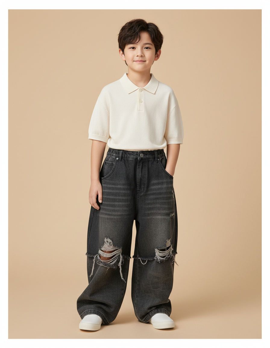 Pantalon Baggy Jean Gris Ample Déchiré Enfant