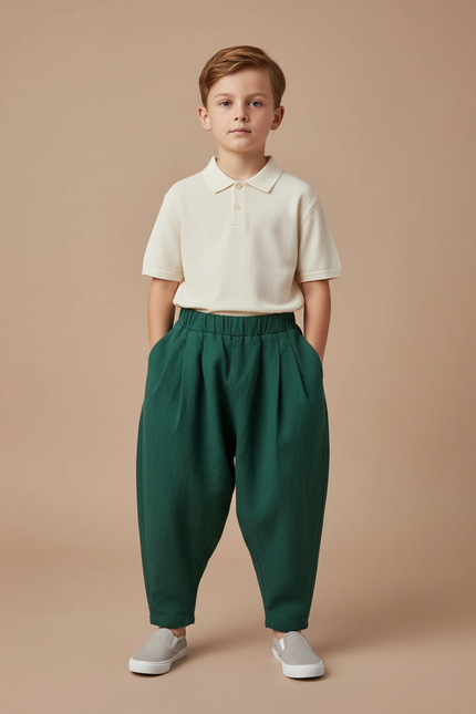 Pantalon Baggy Vert Ample Coton Plissé Décontracté