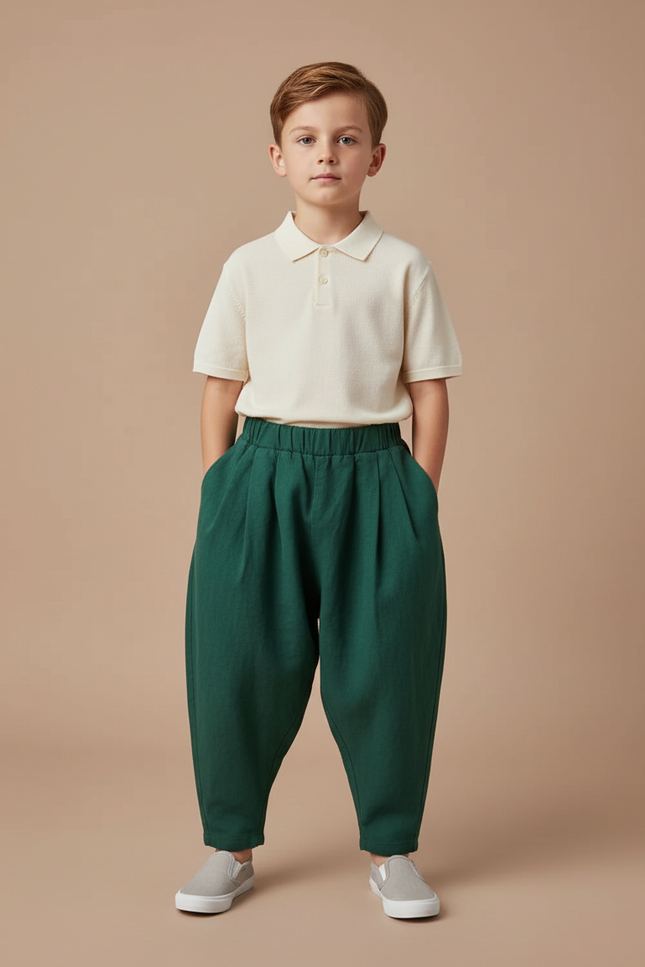 Pantalon Baggy Vert Ample Coton Plissé Décontracté