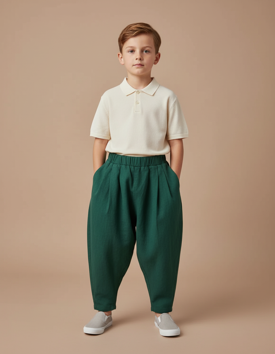Pantalon Baggy Vert Ample Coton Plissé Décontracté