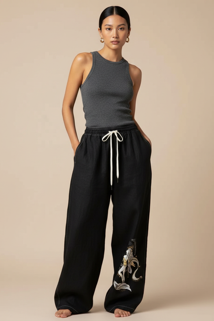 Pantalon Baggy Noir Ample Imprimé Streetwear Cordon - Jean