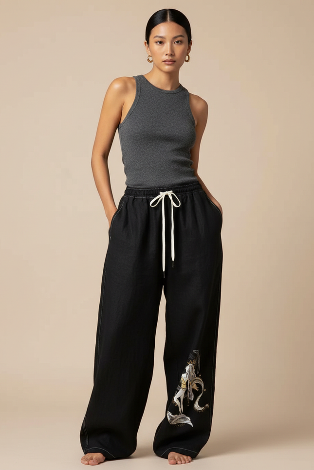 Pantalon Baggy Noir Ample Imprimé Streetwear Cordon - Jean