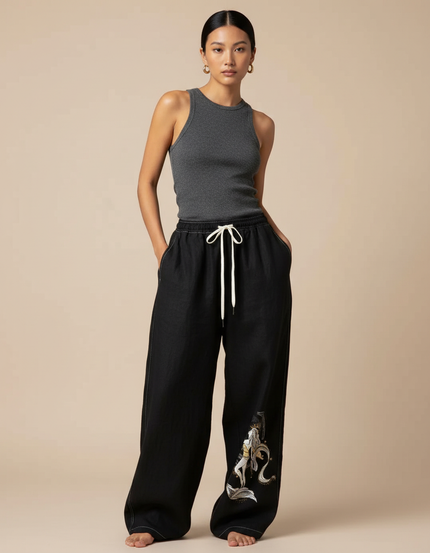 Pantalon Baggy Noir Ample Imprimé Streetwear Cordon - Jean