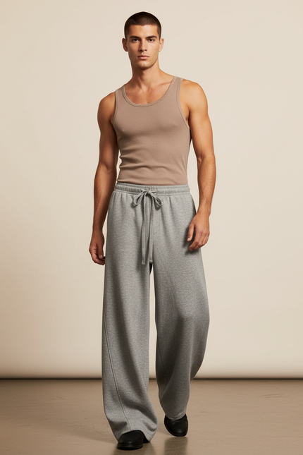 Pantalon Baggy Gris Ample Molleton Cordon Décontracté