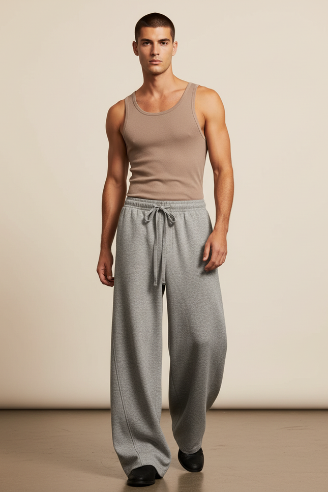 Pantalon Baggy Gris Ample Molleton Cordon Décontracté