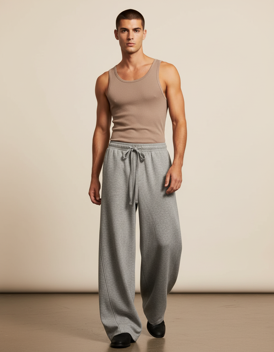 Pantalon Baggy Gris Ample Molleton Cordon Décontracté
