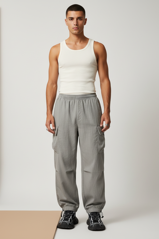 Pantalon Baggy Gris Cargo Ample Streetwear Homme - Polyester