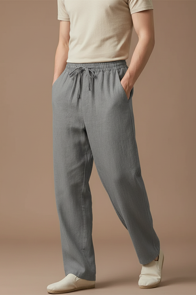 Pantalon Baggy Gris Lin Cordon Ample Homme