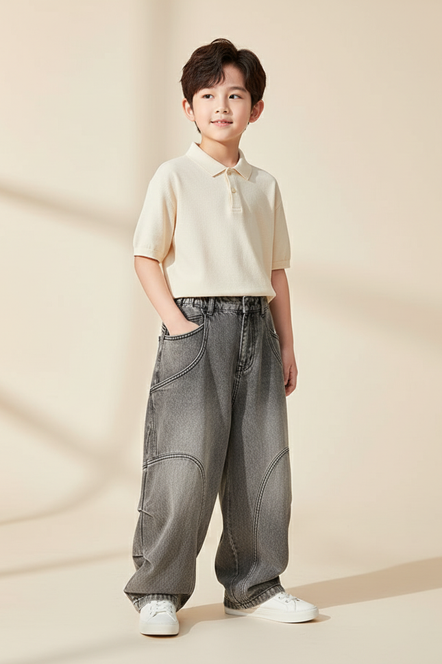 Pantalon Baggy Gris Délavé Ample Décontracté Enfant - Jean