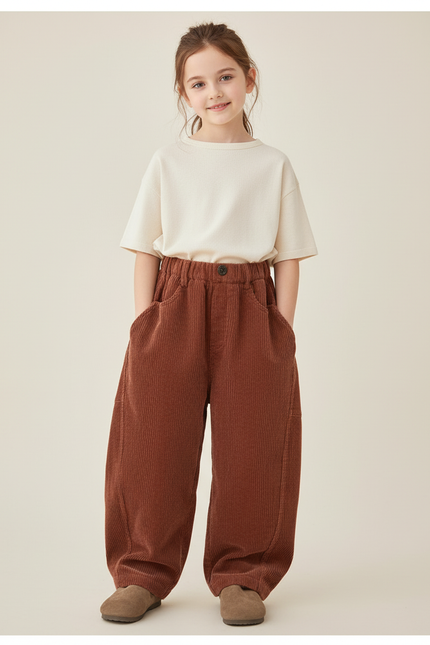 Pantalon Baggy Côtelé Marron Ample Confortable Enfant - Cordé