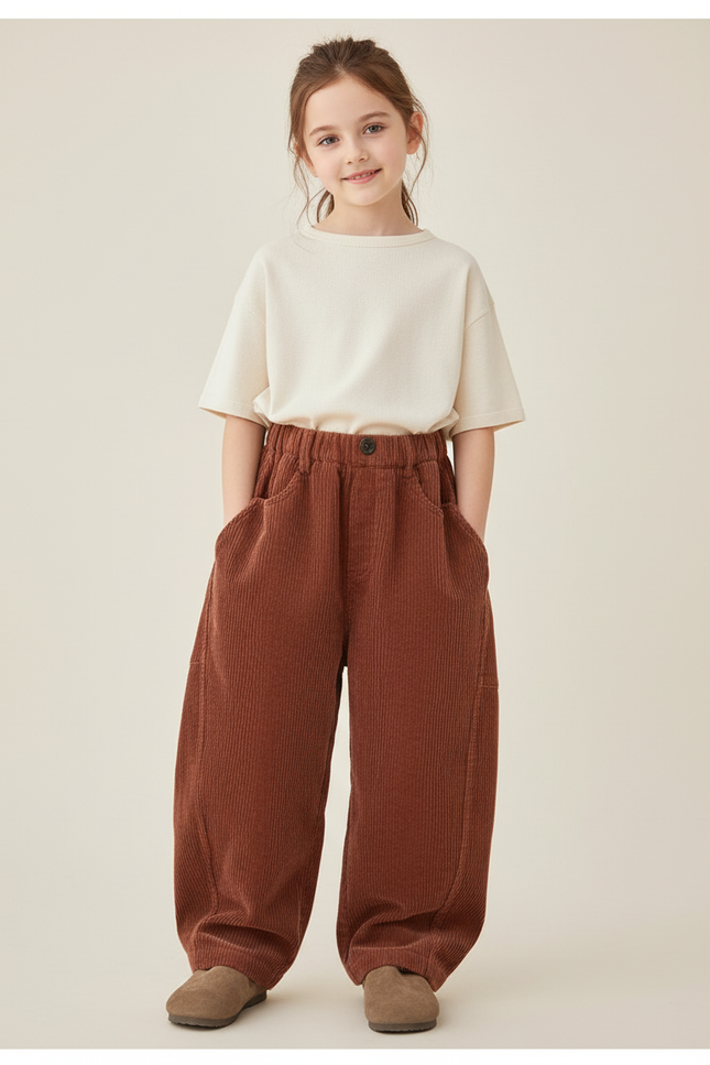 Pantalon Baggy Côtelé Marron Ample Confortable Enfant - Cordé
