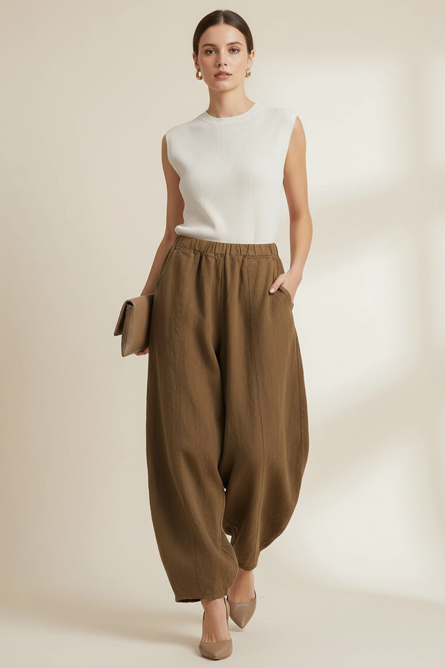 Pantalon Baggy Lin Coton Ample Élastique Marron Femme - Kaki