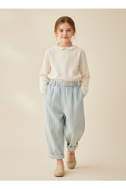 Pantalon Baggy Rayé Bleu Clair Ample Coton Enfant