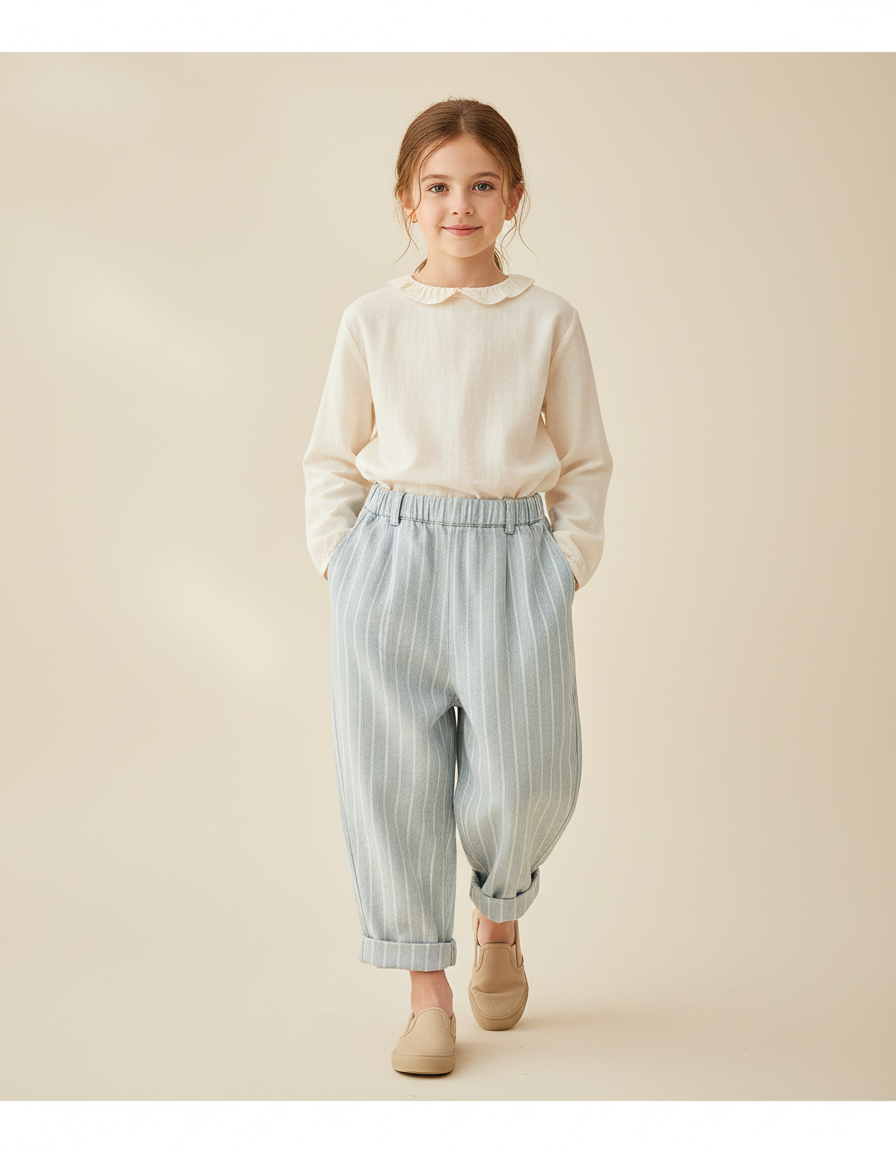 Pantalon Baggy Rayé Bleu Clair Ample Coton Enfant
