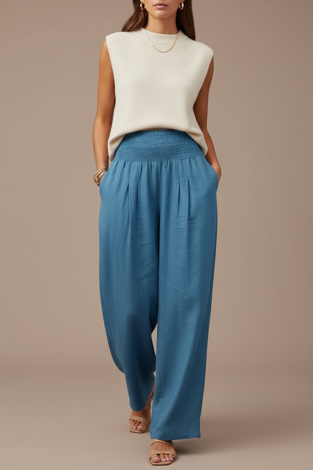 Pantalon Baggy Bleu Fluide Smocké Décontracté Femme - Lin