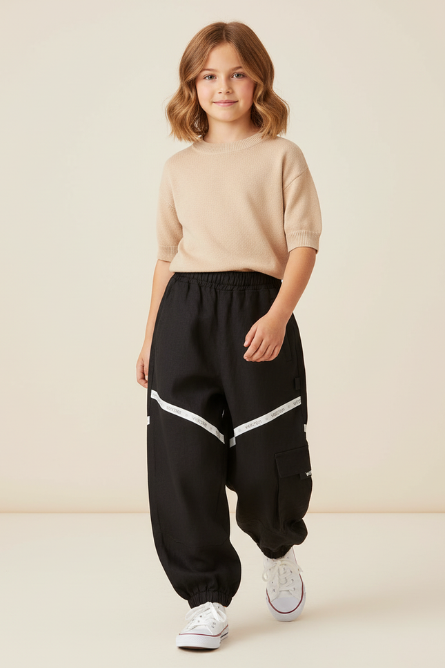 Pantalon Baggy Noir Cargo Décontracté Fille - Lin