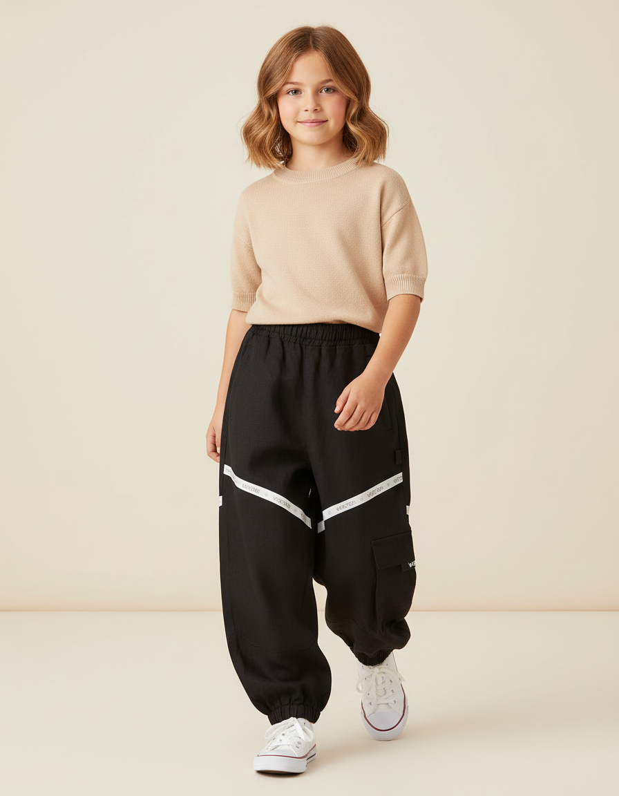 Pantalon Baggy Noir Cargo Décontracté Fille - Lin