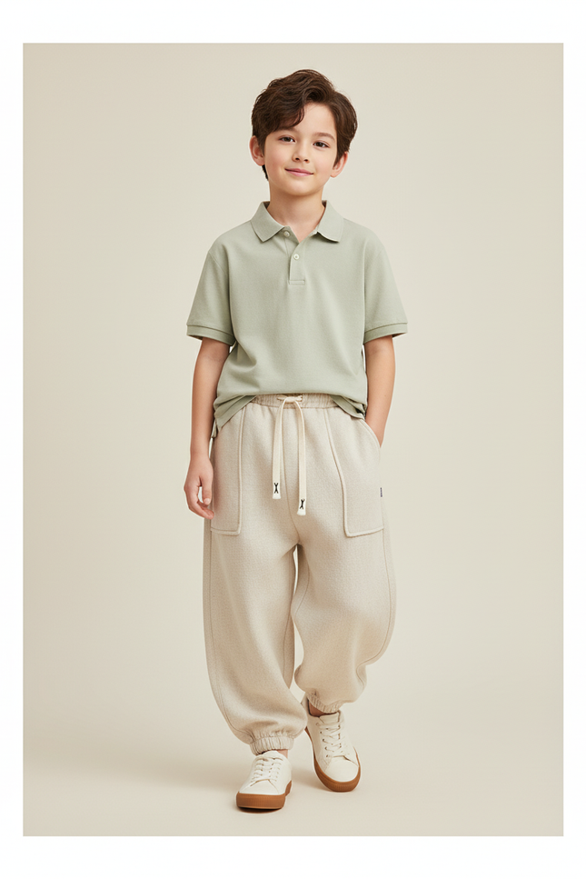 Pantalon Baggy Crème Ample Molletonné Élastiqué Enfant - Beige