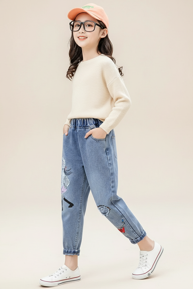 Pantalon Baggy Jean Bleu Brodé Ample Décontracté Enfant