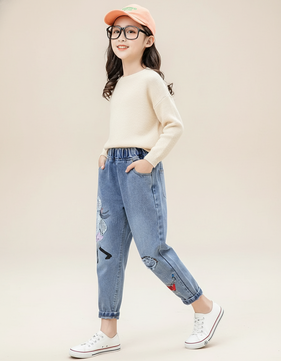Pantalon Baggy Jean Bleu Brodé Ample Décontracté Enfant