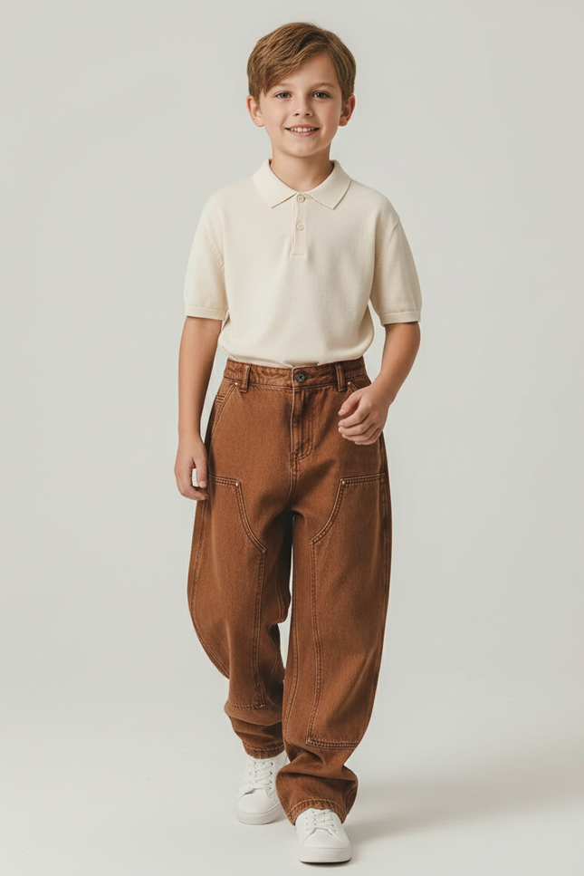 Pantalon Baggy Marron Ample Coton Garçon Décontracté