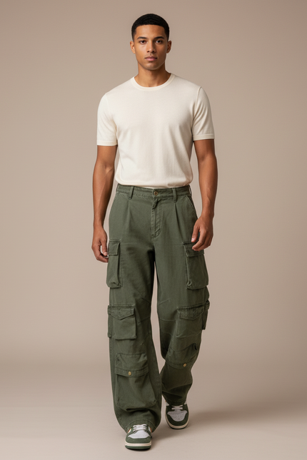 Pantalon Baggy Vert Militaire Ample Multi-Poches - Kaki Toile