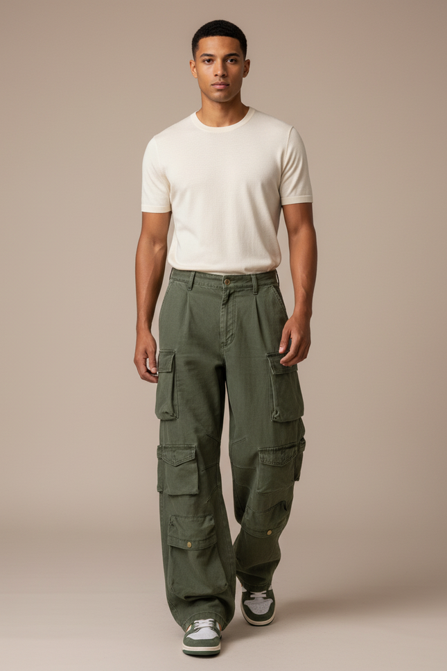 Pantalon Baggy Vert Militaire Ample Multi-Poches - Kaki Toile