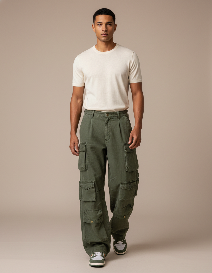 Pantalon Baggy Vert Militaire Ample Multi-Poches - Kaki Toile
