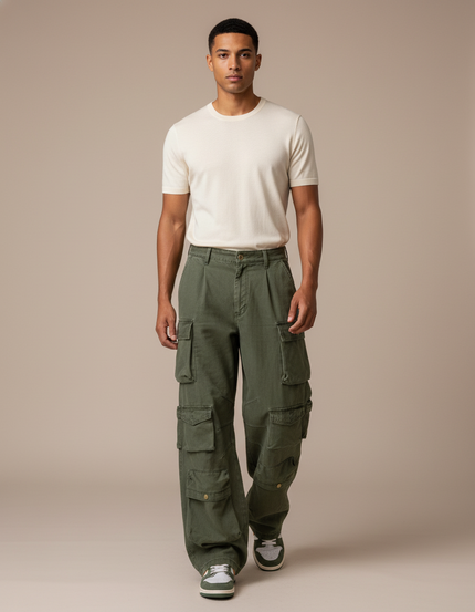 Pantalon Baggy Vert Militaire Ample Multi-Poches - Kaki Toile