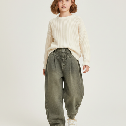 Pantalon Baggy Kaki Ample Plissé Décontracté Fille - Jean