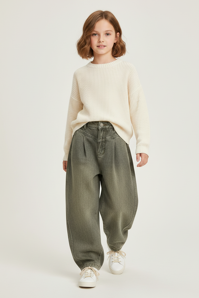 Pantalon Baggy Kaki Ample Plissé Décontracté Fille - Jean
